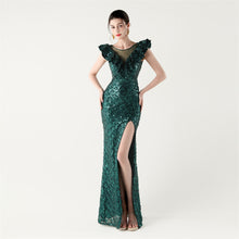Load image into Gallery viewer, Scale Sequin Frilled Shoulder Sleeve Mermaid Evening Dress
