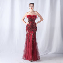 Load image into Gallery viewer, Ostrich Feather Positional Pattern Strapless Sequin Tulle Evening Dress

