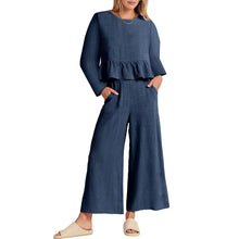 Load image into Gallery viewer, Solid Long Sleeve Ruffle Top Wide Leg Ankle Length Pants Two Piece Set
