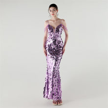 Load image into Gallery viewer, Draped Tassel Sequin Deep V Neck Backless Mermaid Evening Dress

