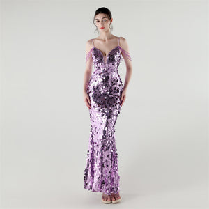 Draped Tassel Sequin Deep V Neck Backless Mermaid Evening Dress
