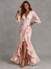 Load image into Gallery viewer, 2026 New Women Vintage Floral Print Wrap Maxi Dress, Elegant V Neck 3/4 Flare Sleeve Asymmetrical Ruffle Hem Long Dress, Boho Evening Vacation Gown
