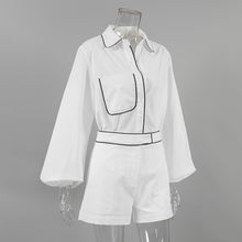 画像をギャラリービューアに読み込む, Women Cotton Linen Black White Contrast Shirt Shorts Two Piece Set
