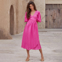 画像をギャラリービューアに読み込む, Cotton Puff Sleeve Wrap Tie Dress
