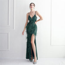 Load image into Gallery viewer, Positional Embroidery Sequin Beads Spaghetti Feather Long Slim Evening Dress
