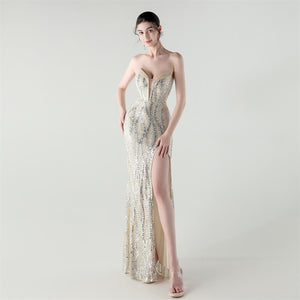 Boning Strapless Sweetheart Neck Sequin Evening Dress