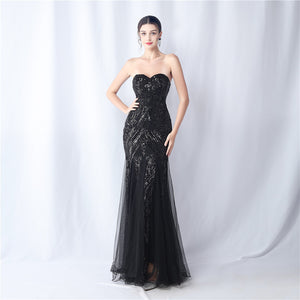 Positional Embroidery Tulle Sequin Evening Dress