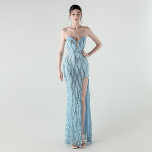 Boning Strapless Sweetheart Neck Sequin Evening Dress