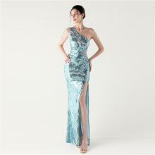 Load image into Gallery viewer, One Shoulder Cutout Slit Sequin Evening Dress
