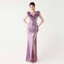 Load image into Gallery viewer, Scale Sequin Frilled Shoulder Sleeve Mermaid Evening Dress
