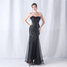 Load image into Gallery viewer, Ostrich Feather Positional Pattern Strapless Sequin Tulle Evening Dress
