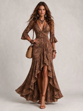 Load image into Gallery viewer, 2026 New Women Vintage Floral Print Wrap Maxi Dress, Elegant V Neck 3/4 Flare Sleeve Asymmetrical Ruffle Hem Long Dress, Boho Evening Vacation Gown
