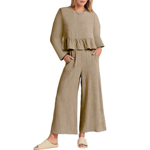 Solid Long Sleeve Ruffle Top Wide Leg Ankle Length Pants Two Piece Set