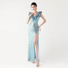 Load image into Gallery viewer, Scale Sequin Frilled Shoulder Sleeve Mermaid Evening Dress
