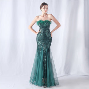 Ostrich Feather Positional Pattern Strapless Sequin Tulle Evening Dress