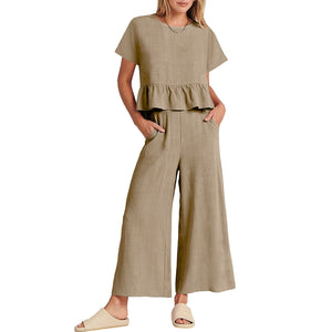 Solid Ruffle Top Wide Leg Ankle Length Pants Two Piece Set