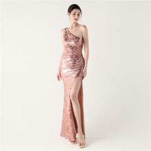 Load image into Gallery viewer, One Shoulder Cutout Slit Sequin Evening Dress
