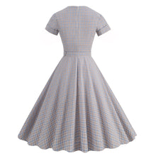 Load image into Gallery viewer, Vintage England Style Plaid Notched Collar Tie Short Sleeve High Waist Elegant Big Flare Midi Dress
