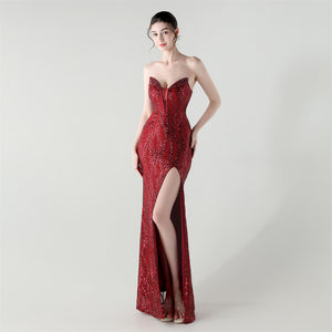 Boning Strapless Sweetheart Neck Sequin Evening Dress