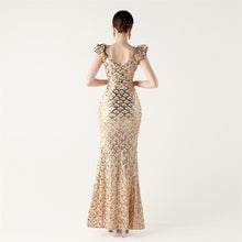 Load image into Gallery viewer, Scale Sequin Frilled Shoulder Sleeve Mermaid Evening Dress
