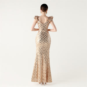 Scale Sequin Frilled Shoulder Sleeve Mermaid Evening Dress