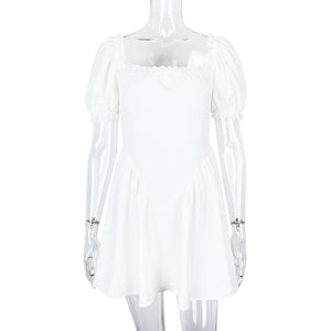 White Puff Short Sleeve Boning Top Dress Two Piece Set