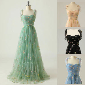 Elegant Tie Strap Colorful 3D Flower Embroidered Tulle Fairy Dress