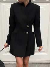 Load image into Gallery viewer, Black Two Button Diagonal Placket V Neck Blazer Dress
