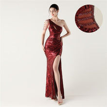 Load image into Gallery viewer, One Shoulder Cutout Slit Sequin Evening Dress
