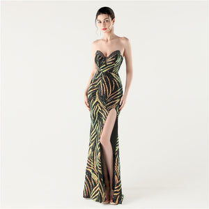 Slim Beaded Sequin Strapless Evening Dress