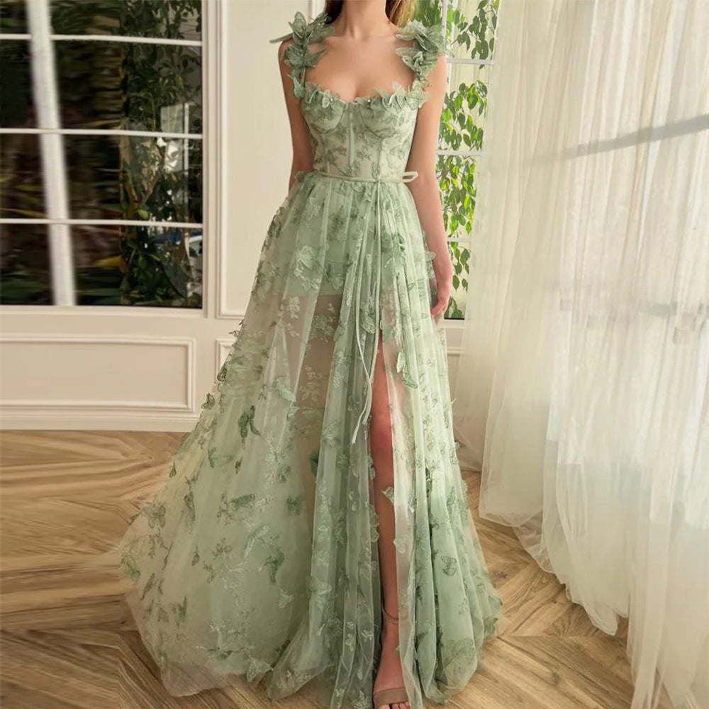 Elegant 3D Embroidery Butterfly Lace Tulle Evening Dress