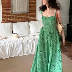 Green Slim French Style Square Neck Jacquard Floral Slip Midi Dress