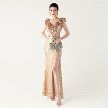 Load image into Gallery viewer, Scale Sequin Frilled Shoulder Sleeve Mermaid Evening Dress
