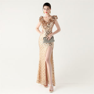 Scale Sequin Frilled Shoulder Sleeve Mermaid Evening Dress