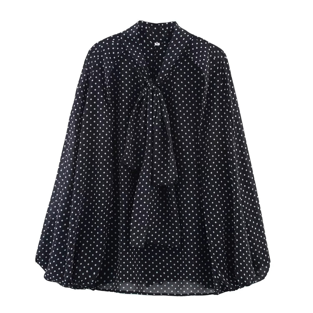 Oversized Bow Tie Flare Polka Dot Shirt