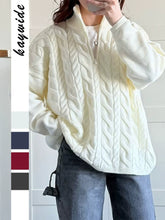 画像をギャラリービューアに読み込む, Zip Collar Cable Pattern Oversized Sweater
