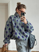 Laden Sie das Bild in den Galerie-Viewer, Purple Printed Faux Sherpa Oversized Polar Fleece Zip Collar Sweatshirt
