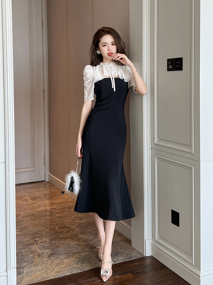 French Style Contrast Stand Tie Collar Puff Sleeve Ruffle High Waist Slim Mermaid Dress