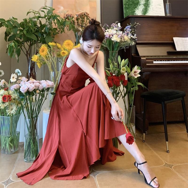 French Style Vintage Red Spaghetti Strap Big Flare Beach Slip Dress –  Jasmine Wei Factory Shop
