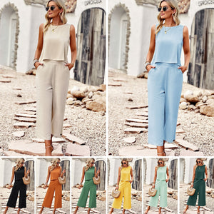 Summmer Elegant Sleeveless Top Capri Pants Two Piece Set