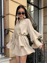 Cargar imagen en el visor de la galería, Stand Collar Tie Bow Long Sleeve Frilled Mini Dress
