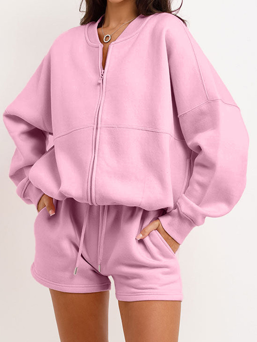 Zip-up Sweatshirt+Shorts Two Piece Set