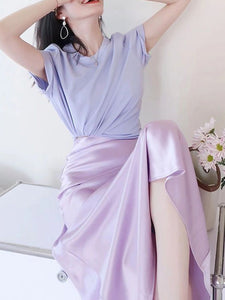 French Style Purple Crop T Shirt Top Slim Midi Satin Skirt Two Piece Set