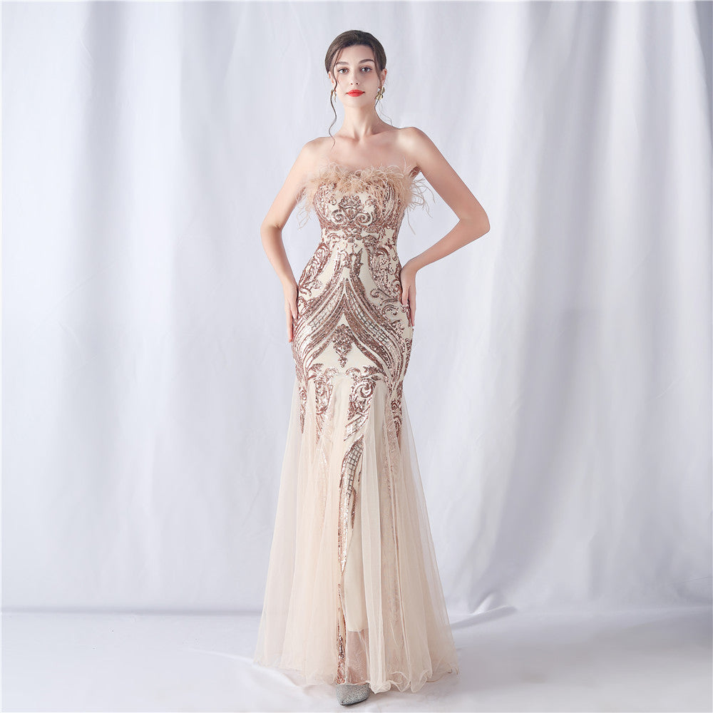 Ostrich Feather Positional Pattern Strapless Sequin Tulle Evening Dress