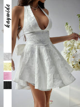 Load image into Gallery viewer, Jaquard Halter Neck Tie Mini Flare Dress
