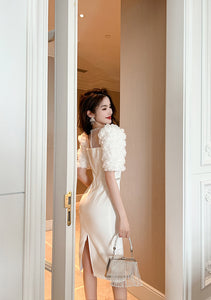 Celebrity Cocktail Dress Contrast 3D Flower Sleeve Beaded White Slim Pencil Dress
