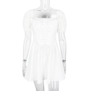 White Puff Short Sleeve Boning Top Dress Two Piece Set
