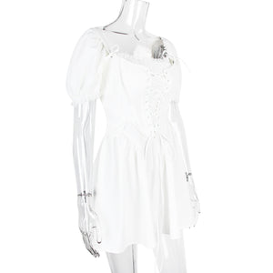 White Puff Short Sleeve Boning Top Dress Two Piece Set