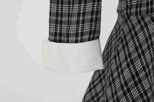 Load image into Gallery viewer, Vintage England Style Plaid Contrast Shirt Collar Bow Tie Long Sleeve Flare Midi Dress
