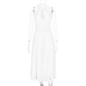 White Halter Neck Slim Backless Boning Midi Dress